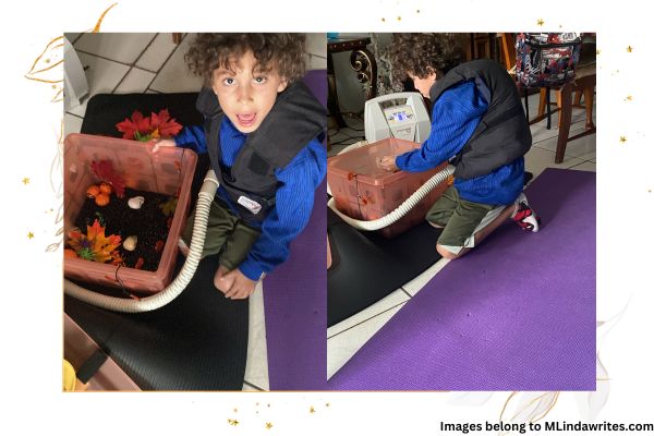 Anthony doing his treatment, with his favorite Halloween sensory bin, I created using black beans and dollar store items.