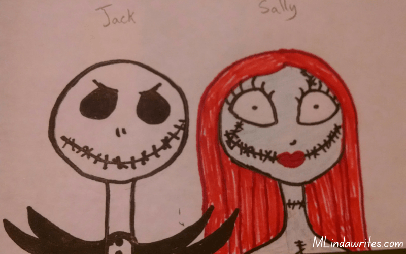 A drawing of Jack and Sally from the Nightmare Before Christmas