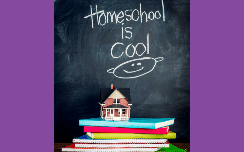 homeschooling a cool chalk board with the words homeschool is cool and a happy face. There is a minature school stacked on colorful books