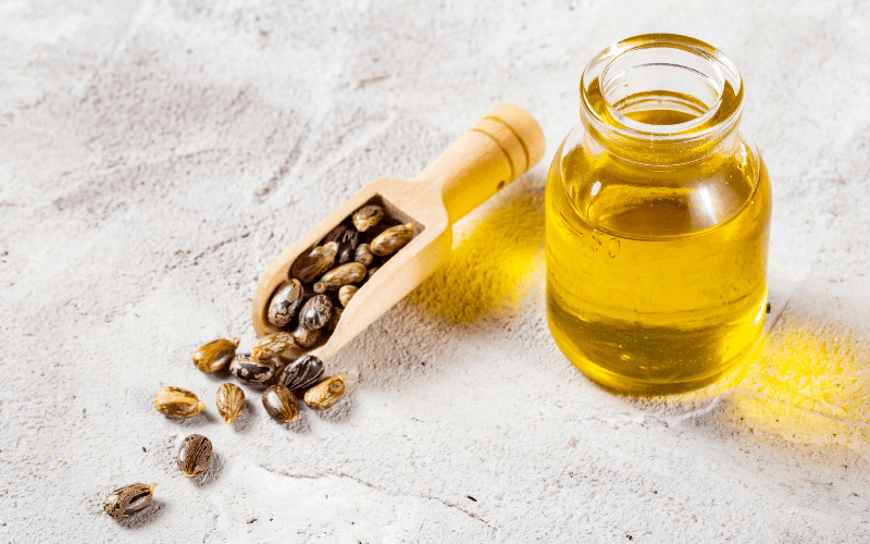 Jamaican black castor oil in a jar and castor beans